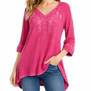 Caite Anthropologie Womens Arden Pink Waffle Knit Embroidered Tunic Top V-Neck M